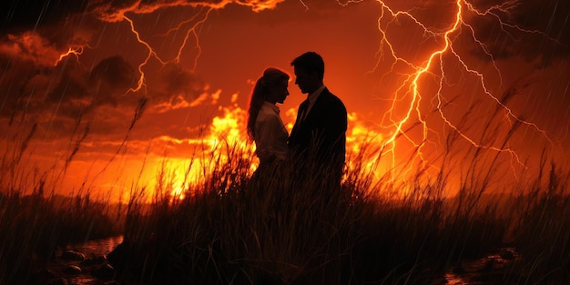 Foto una pareja de pie bajo una tormenta eléctrica relámpago colapso del portal de viajes en el tiempo