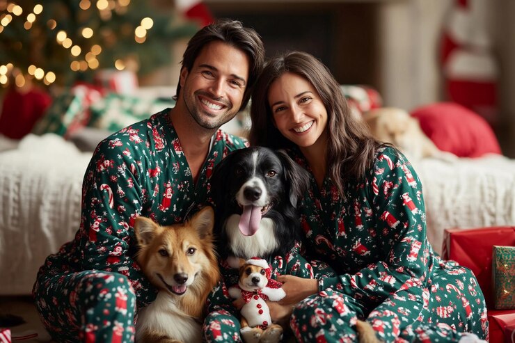 Una pareja en pijama festiva disfrutando de una acogedora Navidad con sus perros en el interior de la IA generativa