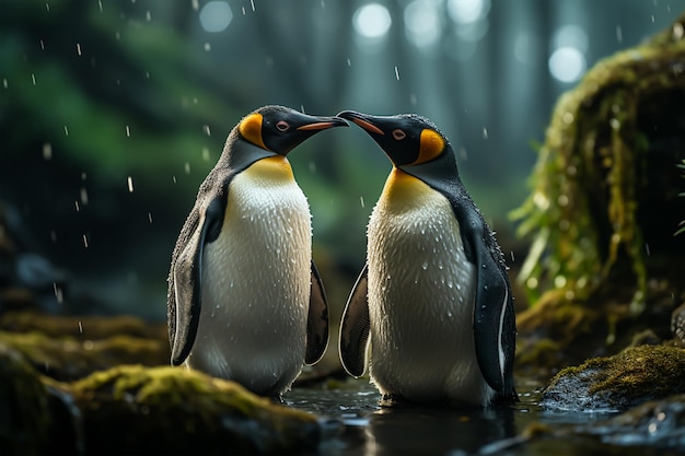 Pareja de pingüinos abrazándose en la naturaleza suave