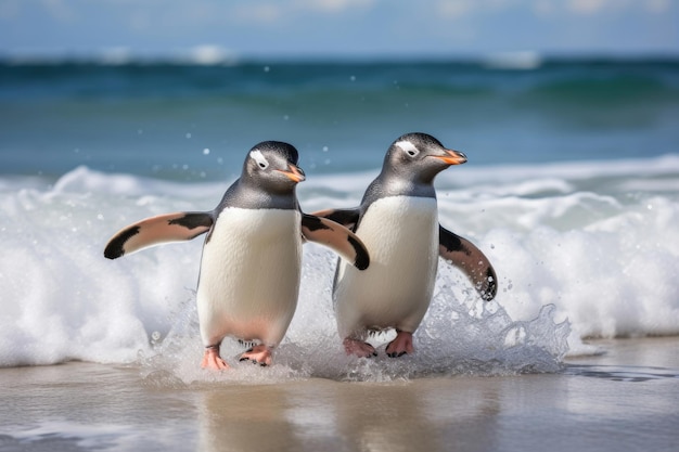 Una pareja de pingüinos en la orilla en las olas del Océano Atlántico