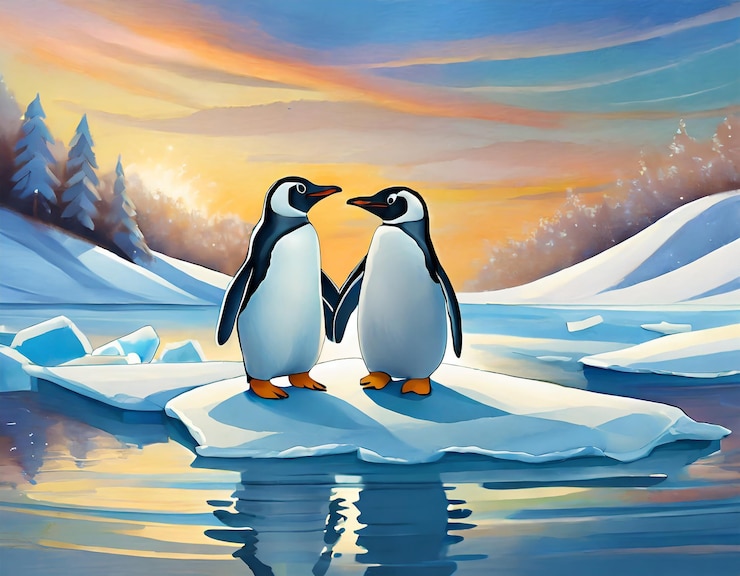 Foto una pareja de pingüinos de pie en una capa de hielo en un paisaje de invierno