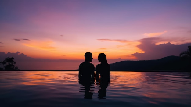 Pareja en la piscina al atardecer, con un cielo colorido detrás de ellos.