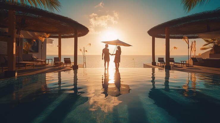 Pareja en piscina de hotel de lujo con palmeras y vistas al mar generativo ai