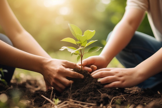 Pareja plantando un árbol juntos representando la sostenibilidad del crecimiento una visión compartida para el futuro