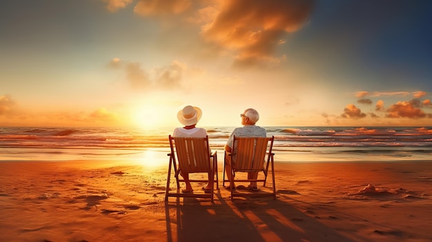 Una pareja en la playa al atardecer.