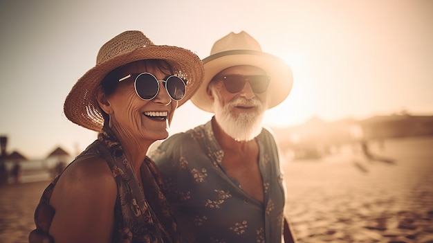 Una pareja en la playa con gafas de sol y sombrero.