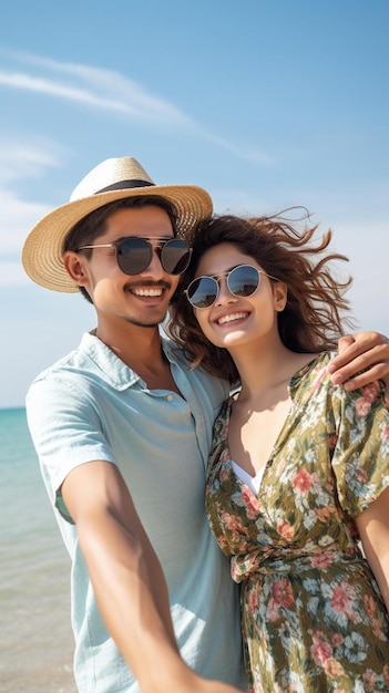 una pareja en una playa con gafas de sol