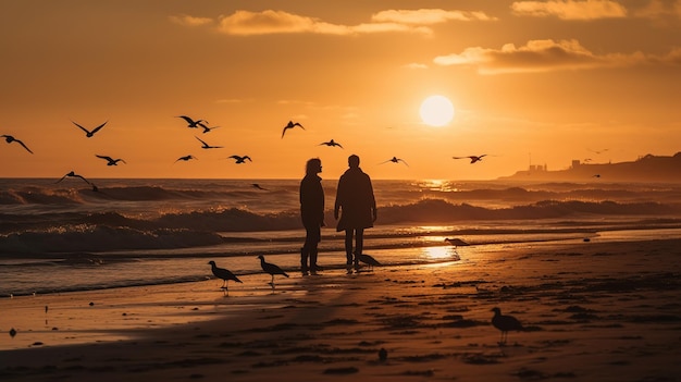 Una pareja se para en una playa con pájaros volando en el cielo.