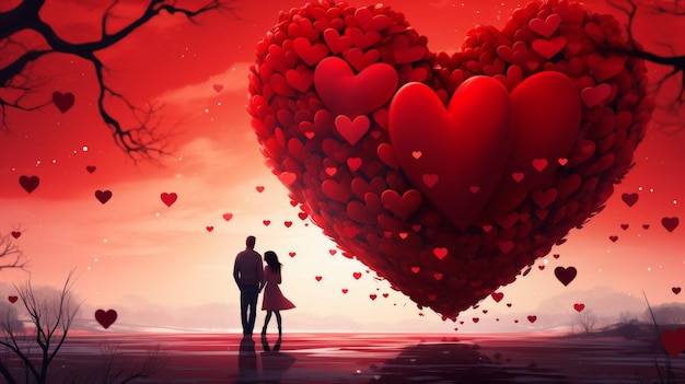 Una pareja posa frente a un árbol en forma de corazón