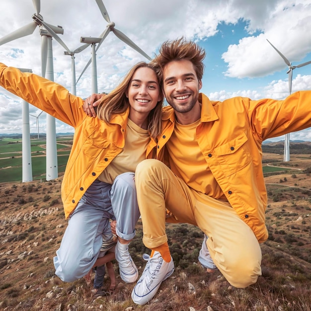 una pareja posando para una foto con turbinas eólicas en el fondo