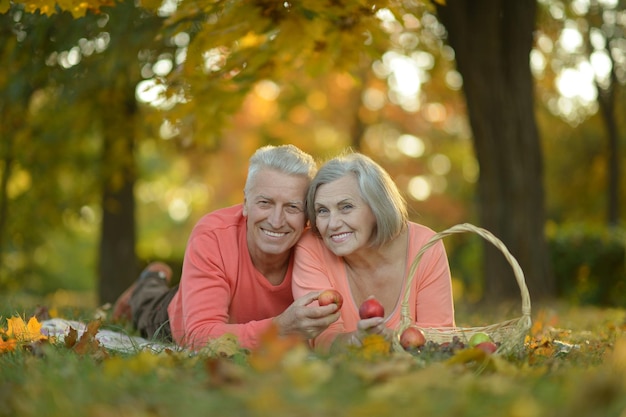 Pareja posando en el parque de otoño