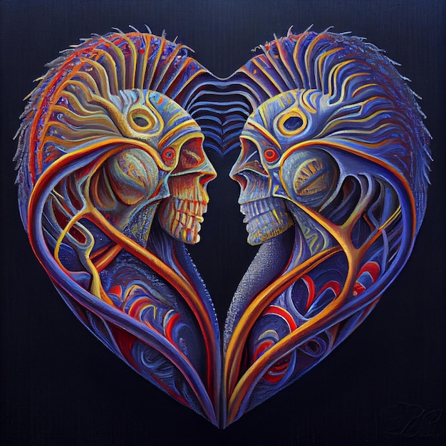 Pareja psicodélica colorida enamorada ilustración surrealista abstracta en forma de corazón