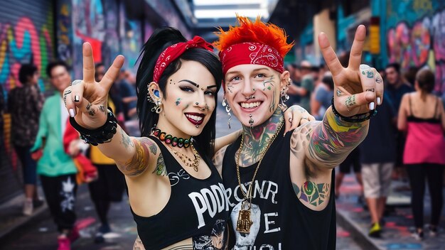 Foto una pareja punk feliz mostrando gestos de paz y mirando