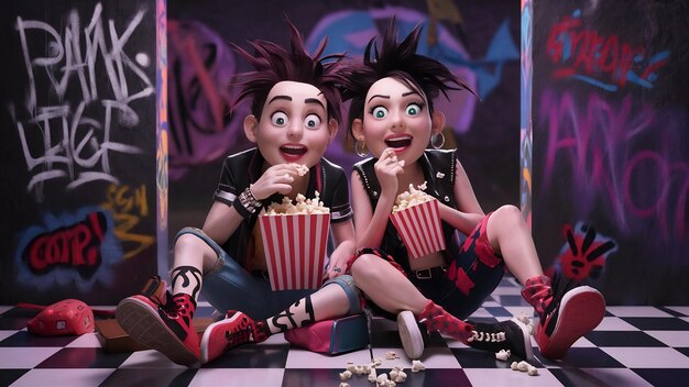 Foto una pareja de punk sorprendidos comiendo palomitas de maíz y mirando