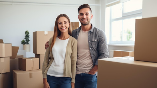 Pareja que se muda a una nueva casa feliz y sonriente