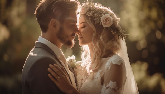 Una pareja de recién casados se abraza en la belleza de la puesta de sol natural generada por IA