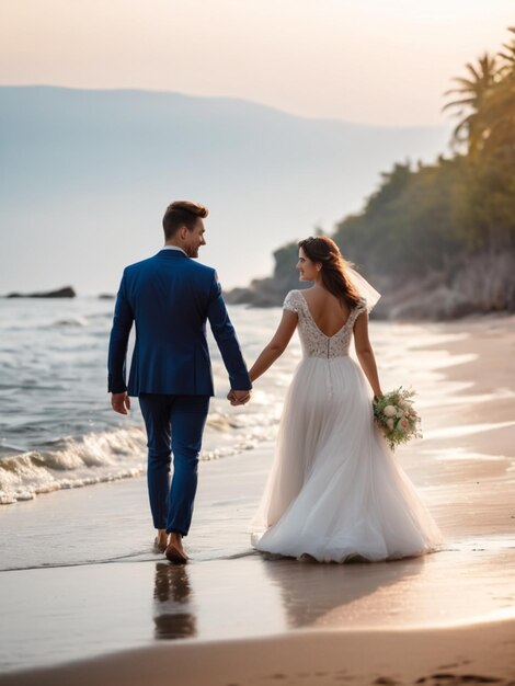 Una pareja de recién casados caminan por la playa tomándose de la mano.