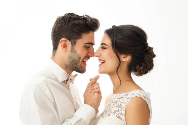 Foto una pareja de recién casados chismoseando entre sí aislados en un fondo blanco