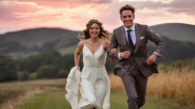 Foto una pareja de recién casados corriendo