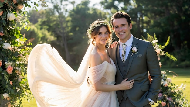 Una pareja de recién casados sonrientes posando al aire libre