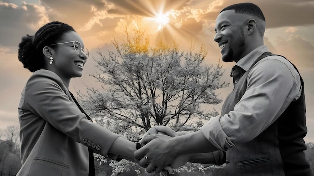 Foto una pareja reconciliada sonriéndose el uno al otro.