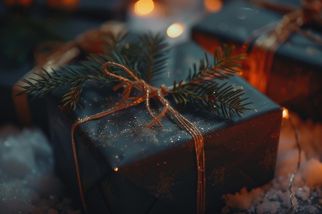 Foto una pareja de regalos sentados en el suelo cubierto de nieve ideal para conceptos de vacaciones de invierno