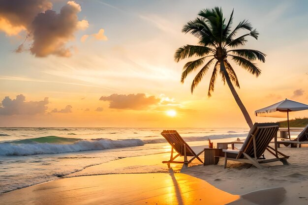 Una pareja se relaja en una playa al atardecer.