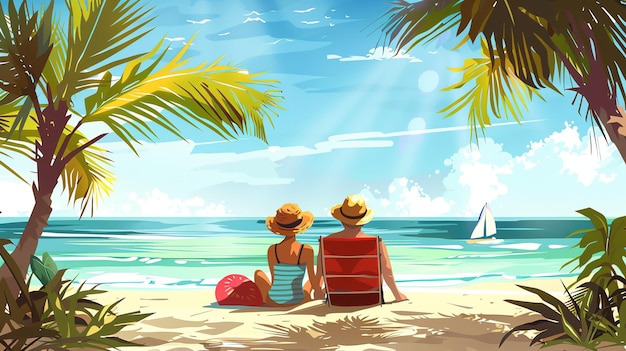 Una pareja se relaja en una playa tropical mirando hacia el océano