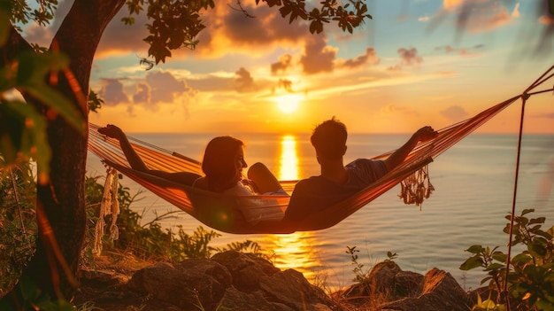 Foto una pareja relajándose en una hamaca con vista a la puesta de sol