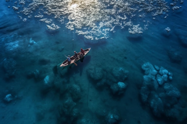 Una pareja rema en una canoa en el océano.