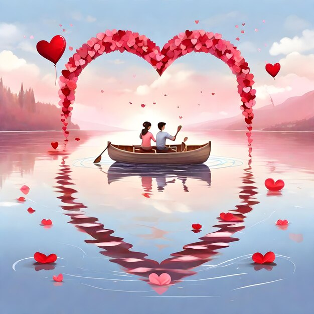 Una pareja remando en un barco en un lago en forma de corazón el viaje del amor en el Día de San Valentín generado por la IA