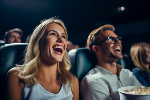 Foto una pareja riendo en el cine viendo una película de comedia y comiendo palomitas de maíz.