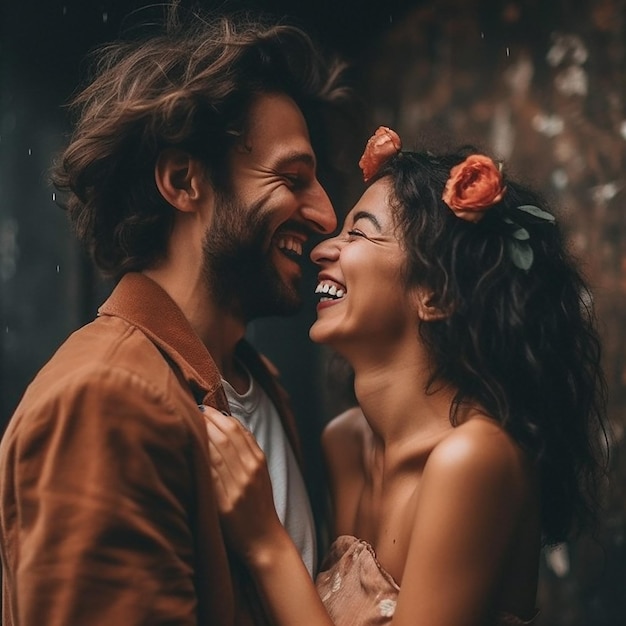 Una pareja riendo bajo la lluvia con flores en la cabeza