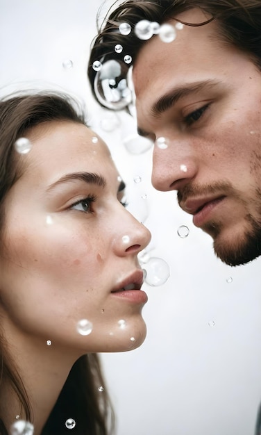 pareja rodeada de burbujas claras fondo blanco composición cinematográfica muy detallada