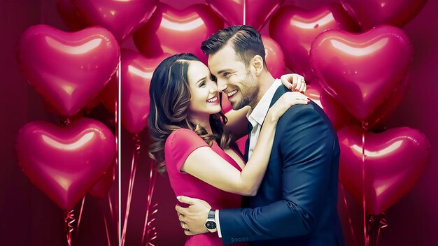 Foto una pareja de rojo y negro se están abrazando con globos rojos