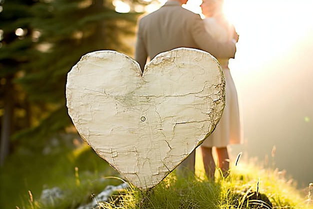 Foto una pareja de romance etéreo abrazada por símbolos de amor paseando por la naturaleza encantadora serenidad