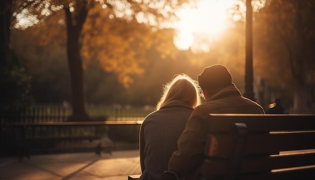 Una pareja romántica se abraza al atardecer disfrutando juntos de la belleza de la naturaleza generada por IA