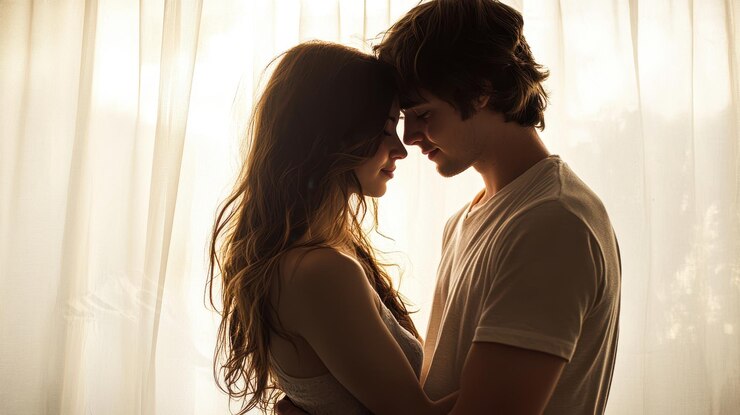 La pareja romántica se abraza