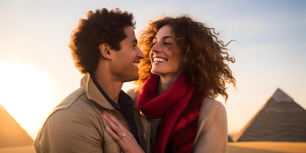 Pareja romántica abrazándose al atardecer cerca de las pirámides momento alegre amor y viajes AI