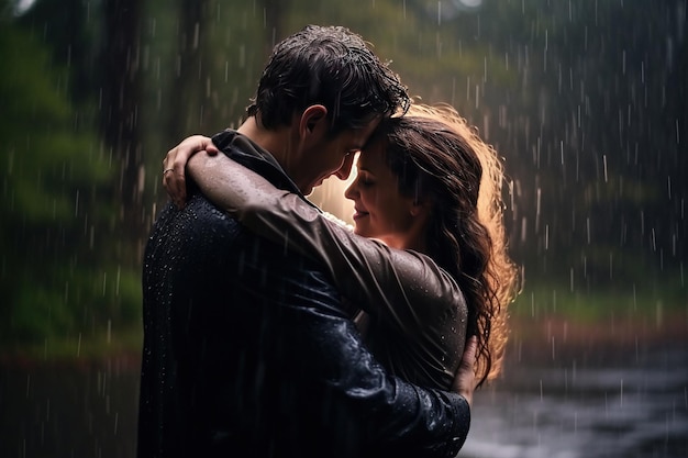 Pareja romántica abrazándose bajo la lluvia IA generativa