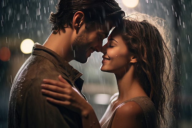 Pareja romántica abrazándose bajo la lluvia IA generativa