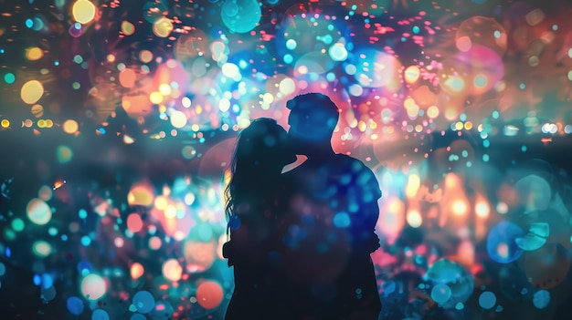 Una pareja romántica en un abrazo con fuegos artificiales vibrantes reflejados en sus ojos compartiendo un momento