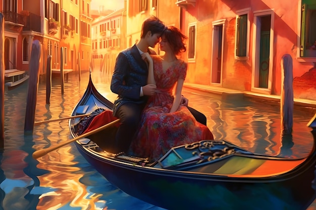 Pareja romántica en un barco por la noche