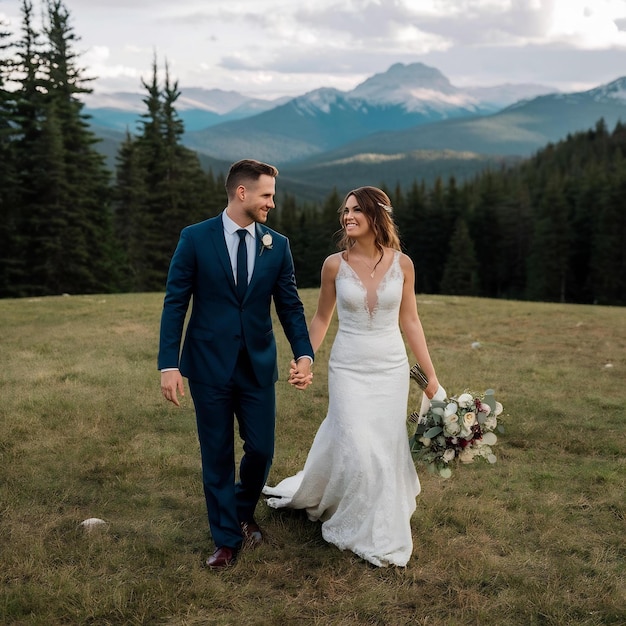 Una pareja romántica de bodas enamoradas camina por las montañas y el bosque.