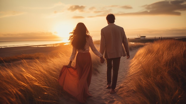 Pareja romántica caminando por la playa al atardecer Hombre y mujer tomados de la mano