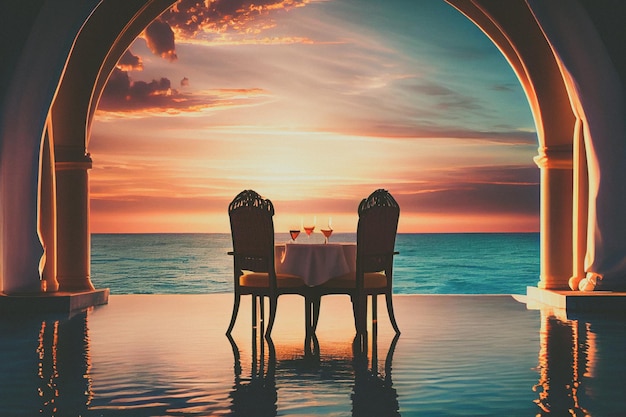 Pareja romántica cena al aire libre con piscina infinita y vistas al mar bajo la puesta de sol para luna de miel