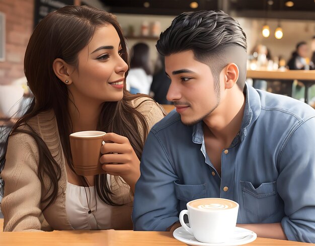 Pareja romántica colombiana en cafetería.