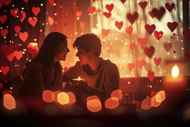 Foto pareja romántica dando el día de san valentín regalo de pragma amor