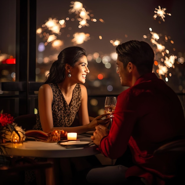 Foto una pareja romántica disfrutando con una cena de vino y confeti para celebrar el feliz año nuevo