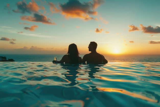 Una pareja romántica disfrutando de vacaciones en un lujoso complejo junto a la piscina.